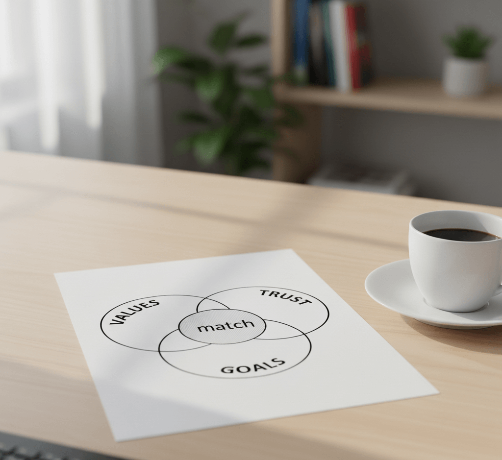 A printed Venn diagram labeled "Values," "Trust," and "Goals" with "Match" in the center is on a desk next to a cup of coffee in a bright office setting.
