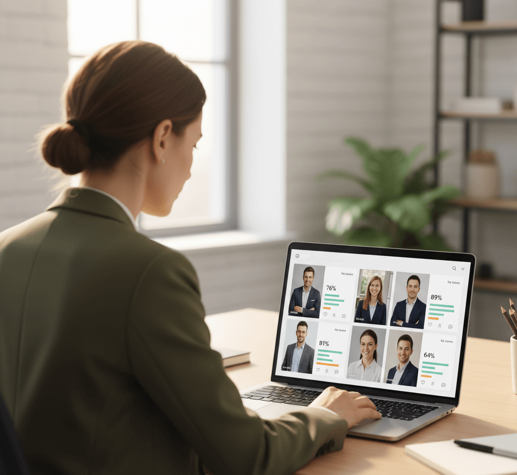 A woman in business attire sits at a desk viewing six professional profiles with performance statistics on her laptop in a modern office setting.