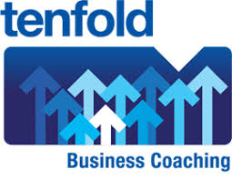 Logo for Tenfold Business Coaching, ideal for a construction business coach Melbourne, featuring multiple upward-pointing arrows in various shades of blue beneath the company name.