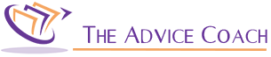 Logo for The Advice Coach, specializing in business coaching for accountants, featuring three purple and orange arrows curving upward to the right, with the company name in purple text and an orange line underneath.