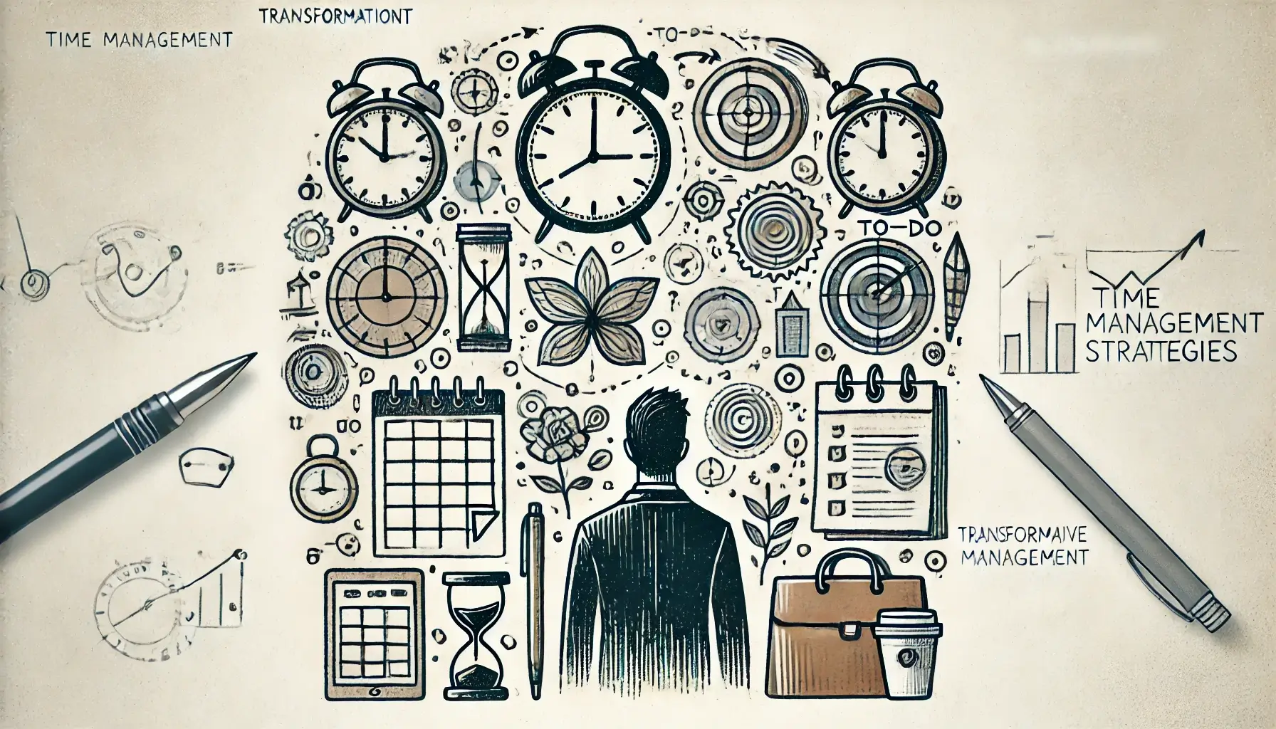 Illustration of a person surrounded by various time management icons, including clocks, calendars, to-do lists, and productivity tools, emphasizing efficient organization and strategic planning through effective time management strategies.