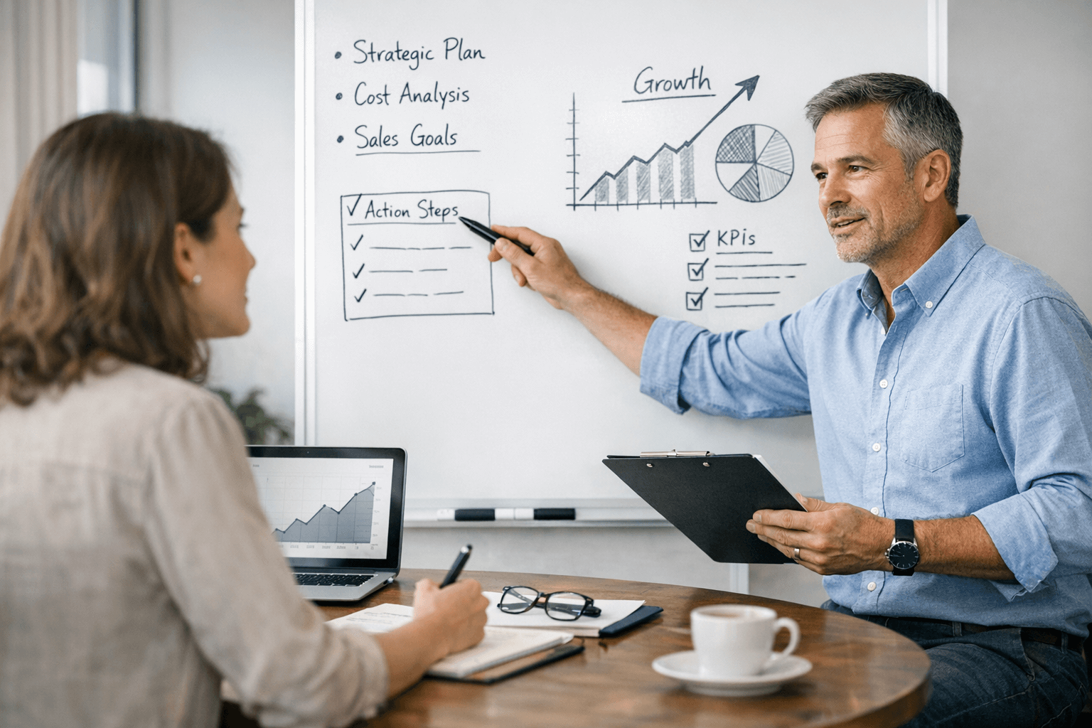 Two people in a business meeting discuss growth strategies, reviewing charts, graphs, and lists on a whiteboard. One person points to the board while the other takes notes.