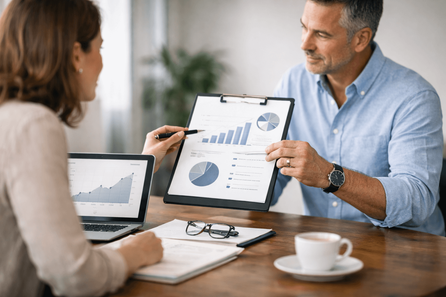 Two people discussing financial charts and graphs displayed on a clipboard and a laptop at a table with coffee.