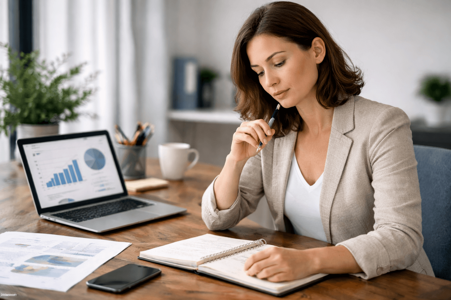 A woman in business attire sits at a desk, reviewing notes in a notebook, with a laptop displaying charts and documents nearby.