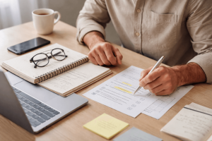 Person sitting at a desk writing on printed documents, with a laptop, notebook, glasses, coffee cup, smartphone, and sticky notes also on the desk.