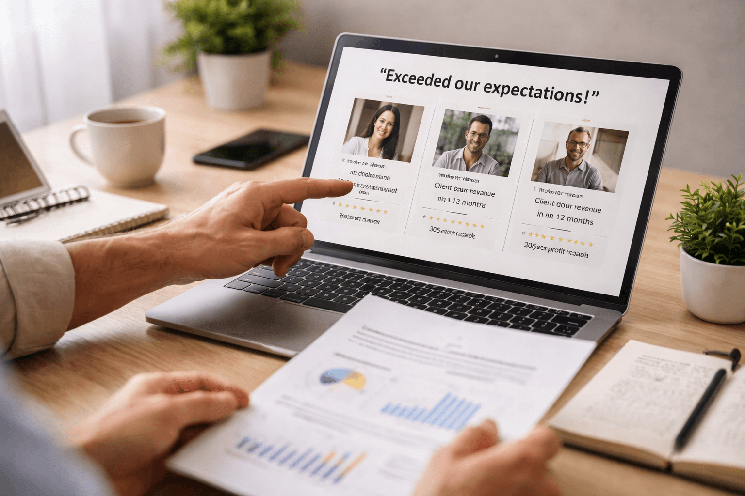 Person viewing customer testimonials and ratings on a laptop screen, with financial documents and graphs on a desk.