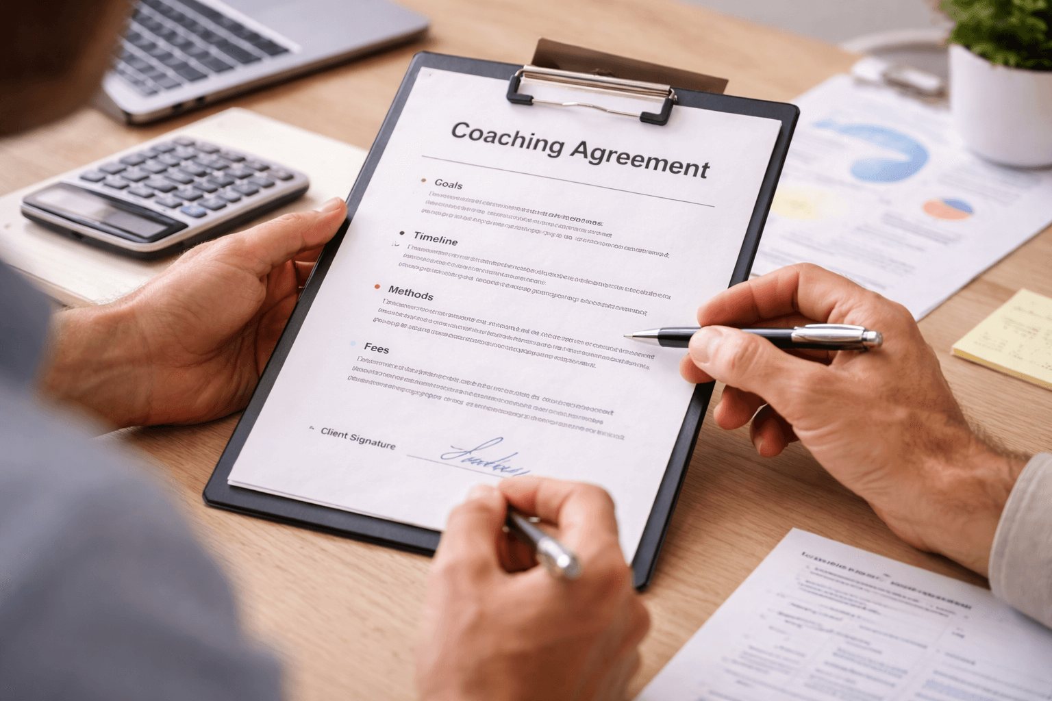 Two people review and sign a coaching agreement on a clipboard at a desk, with a calculator, papers, and a pen visible nearby.