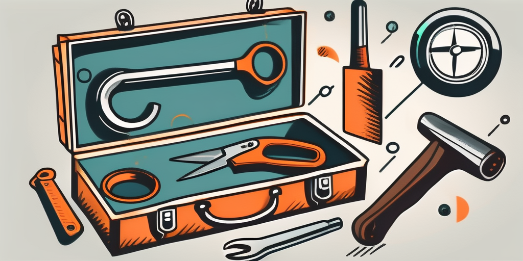 Illustration of an open toolbox tailored for a tradie business coach, with assorted tools including a hammer, spanier, and scissors.