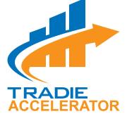 Logo for "Tradie Accelerator" featuring ascending blue bars, a curved blue and orange swoosh, and an orange arrow pointing upward to the right—ideal for a plumbing business coach Melbourne seeking to symbolize growth and progress.