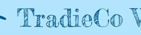 The image displays the text "TradieCo" in a blue, sketch-style font on a light blue background, evoking a fresh look ideal for a plumbing business coach Perth professionals might trust.