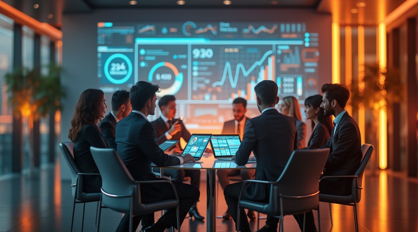 A group of businesspeople in a conference room is analyzing data on laptops, evaluating their business model with a large digital dashboard displaying charts and graphs on the wall.
