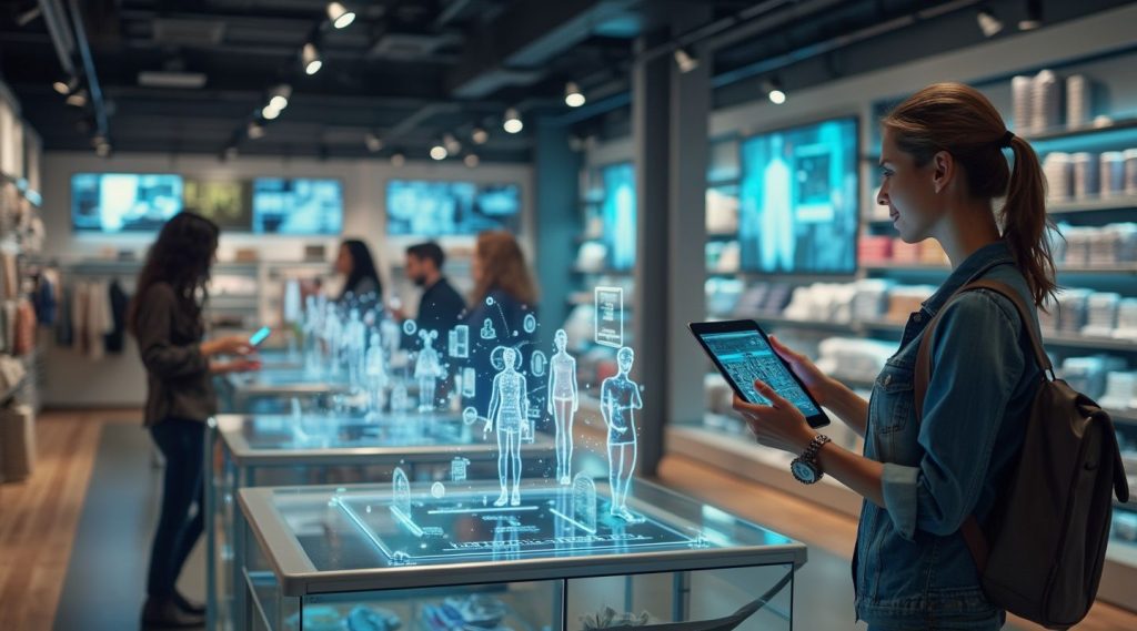 People using tablets to interact with digital displays in a modern clothing store, showcasing an innovative business model.