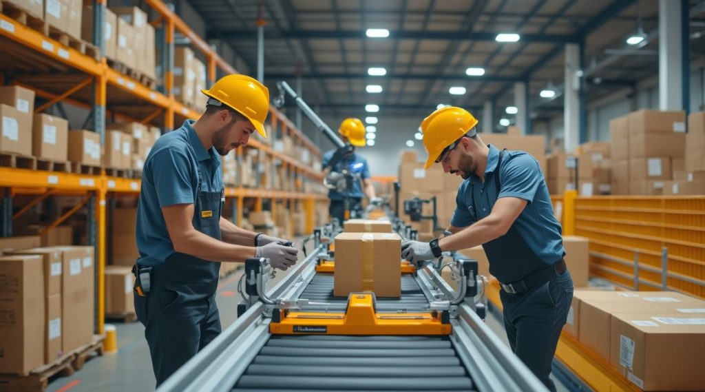 Workers in hard hats operate a conveyor belt in a bustling warehouse, handling boxes as part of an efficient business model. Shelves filled with cardboard boxes loom in the background, showcasing the well-organized system.
