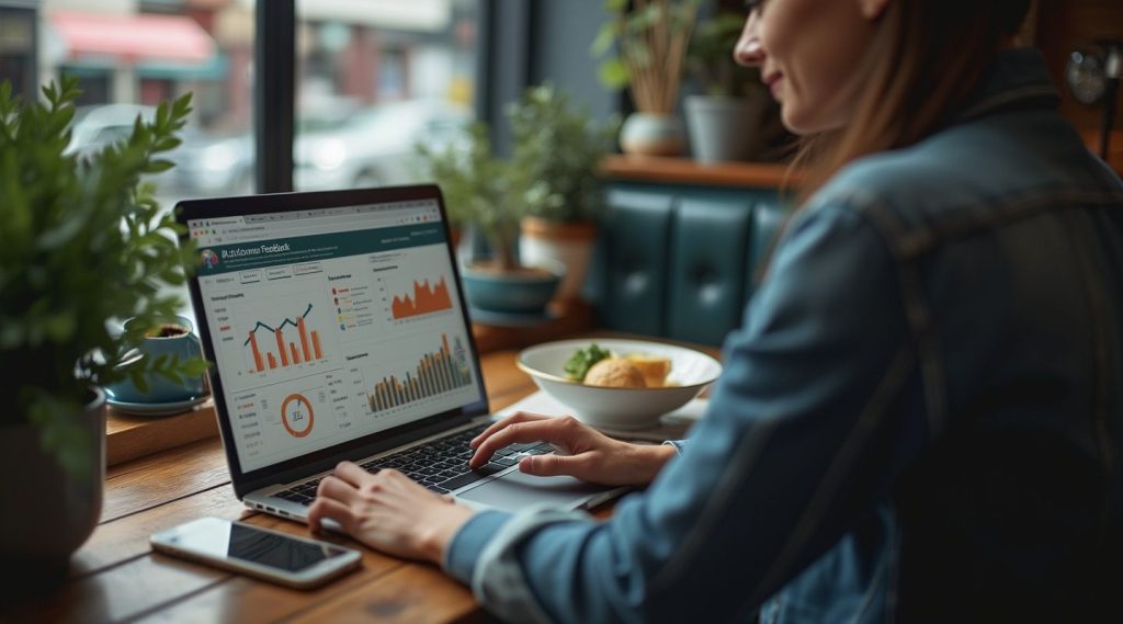 A person in a denim jacket works on a laptop displaying business model graphs and charts at a wooden table, surrounded by plants and a smartphone.