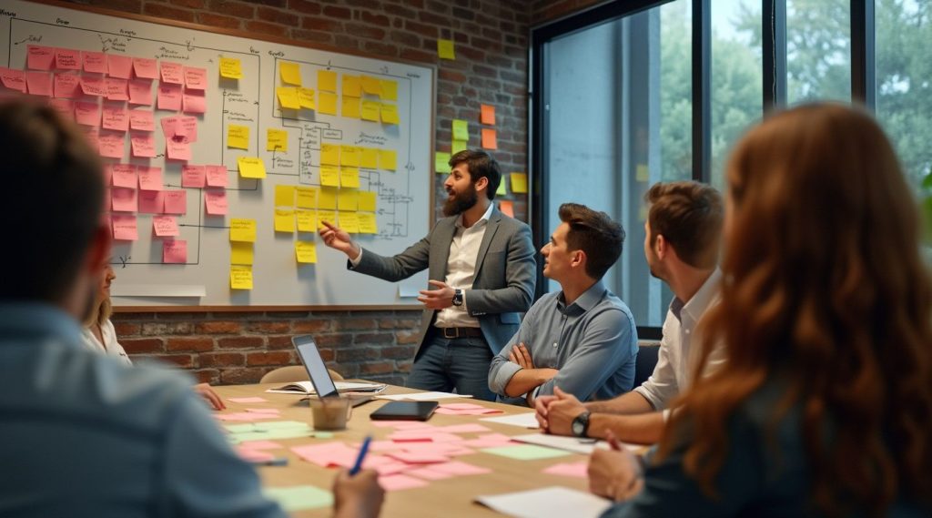 A man presents to a group in a conference room, skillfully outlining the business model on a whiteboard covered in sticky notes. The table is scattered with papers and more sticky notes, illustrating their dynamic brainstorming session.