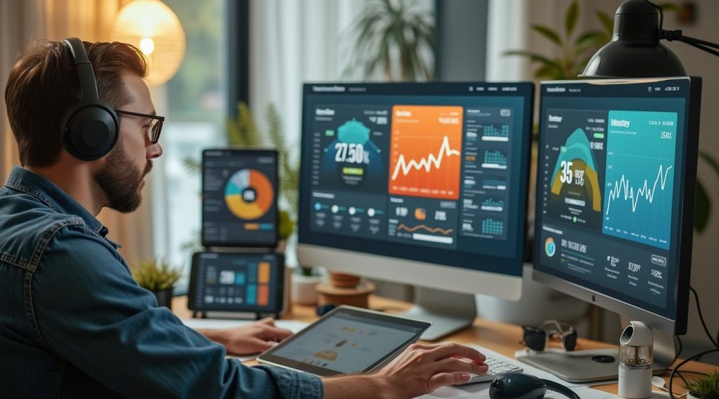 In a home office setting, a person wearing headphones meticulously analyzes data on multiple screens and a tablet, refining their business model.