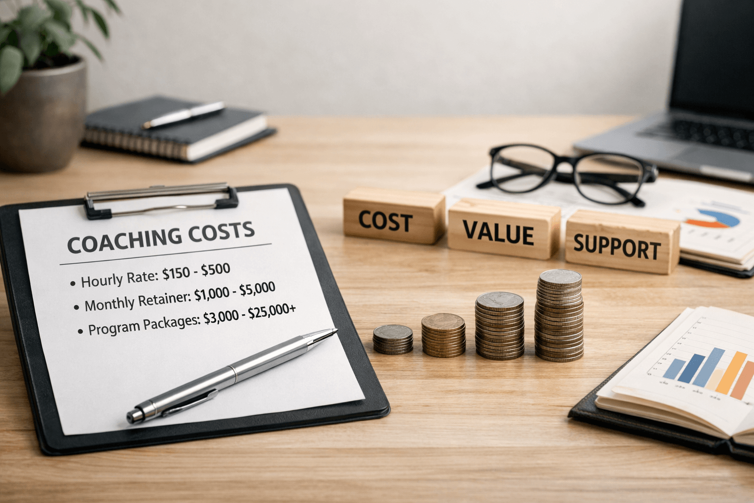 A clipboard lists coaching costs, stacks of coins increase in height, and wooden blocks display “COST,” “VALUE,” and “SUPPORT” on a desk with office supplies.