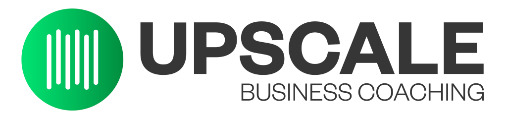 Logo for Upscale Business Coaching, perfect for a construction business coach Sydney, featuring a green circle with vertical white lines next to the bold "UPSCALE" text and smaller "BUSINESS COACHING" underneath.