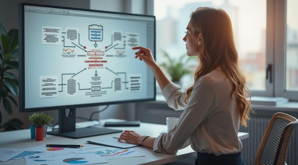 A woman in an office points at a flowchart on a computer screen, analyzing the viable vs feasible aspects of the project. Papers with graphs are scattered across the desk.