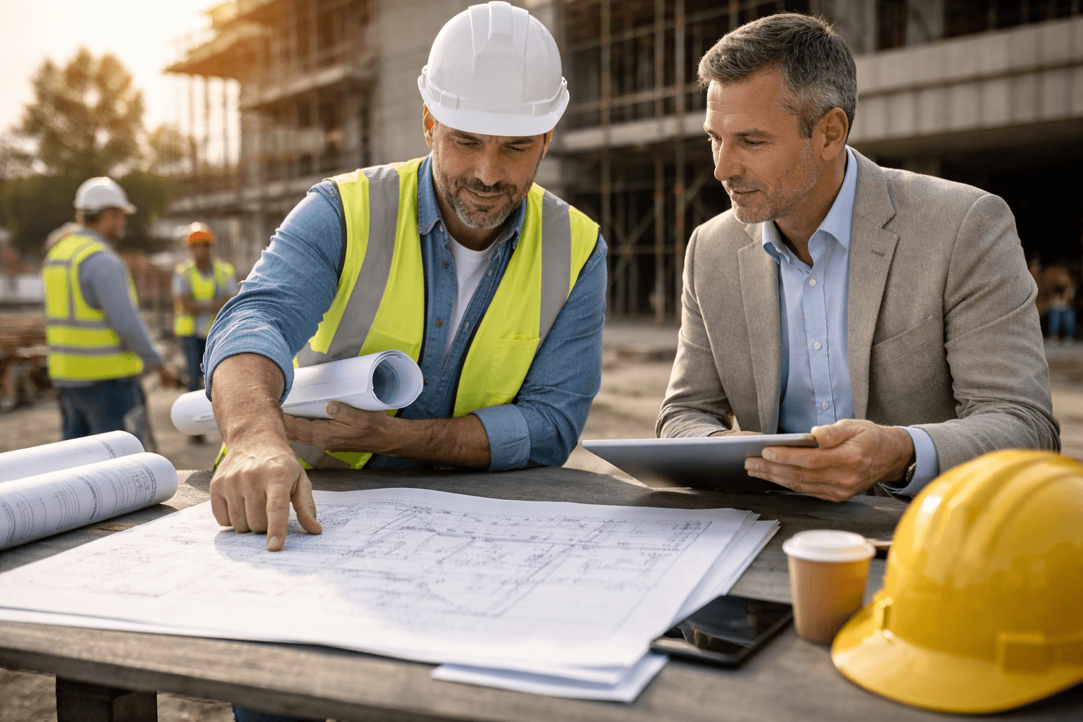 Two men review blueprints at a construction site; one wears a hard hat and safety vest, the other is in a suit holding a tablet. Construction workers and building framework are in the background.