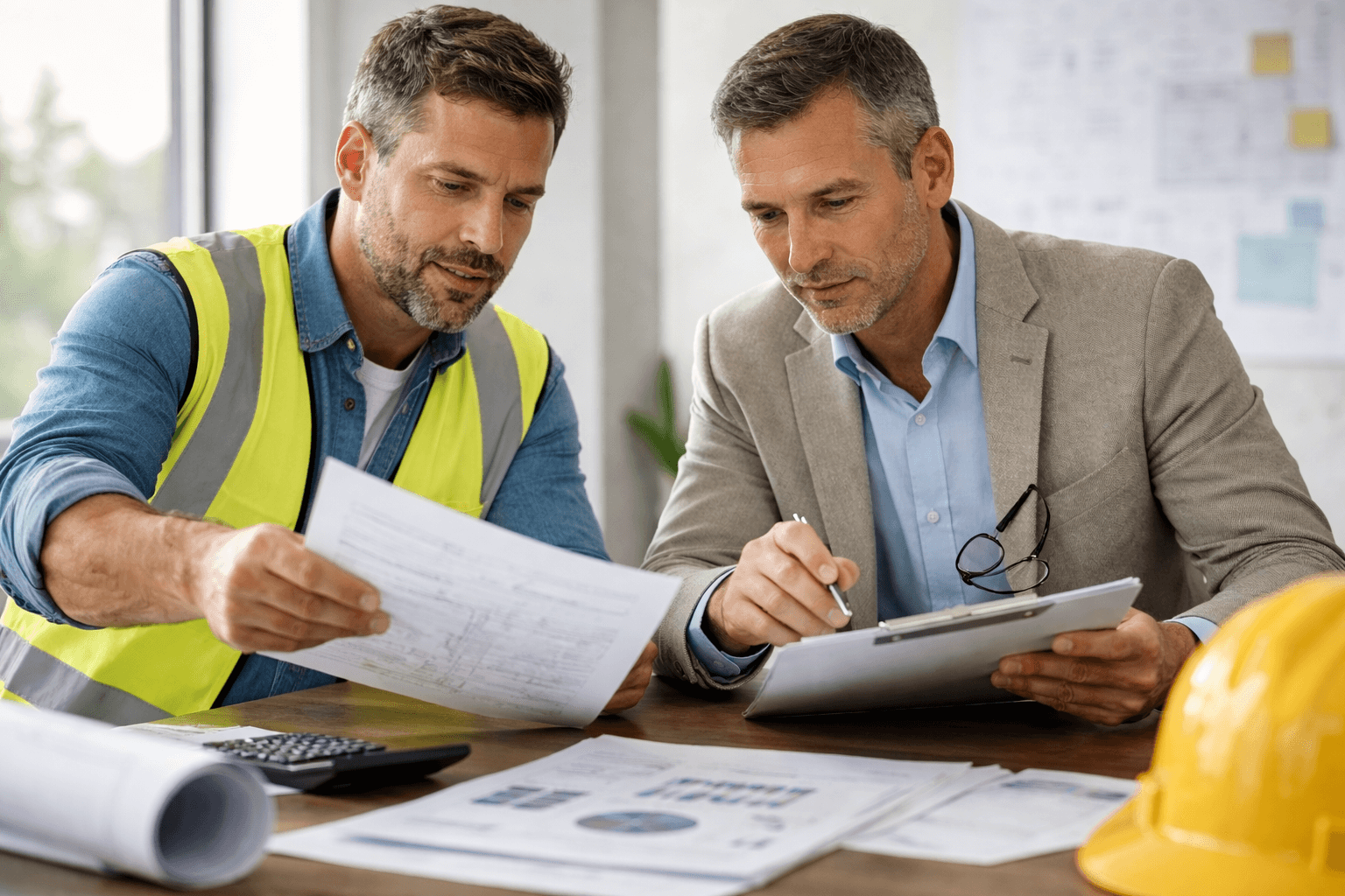 Two men review architectural plans at a desk; one wears a high-visibility vest and the other a suit. Blueprints, documents, and a yellow hard hat are on the table.