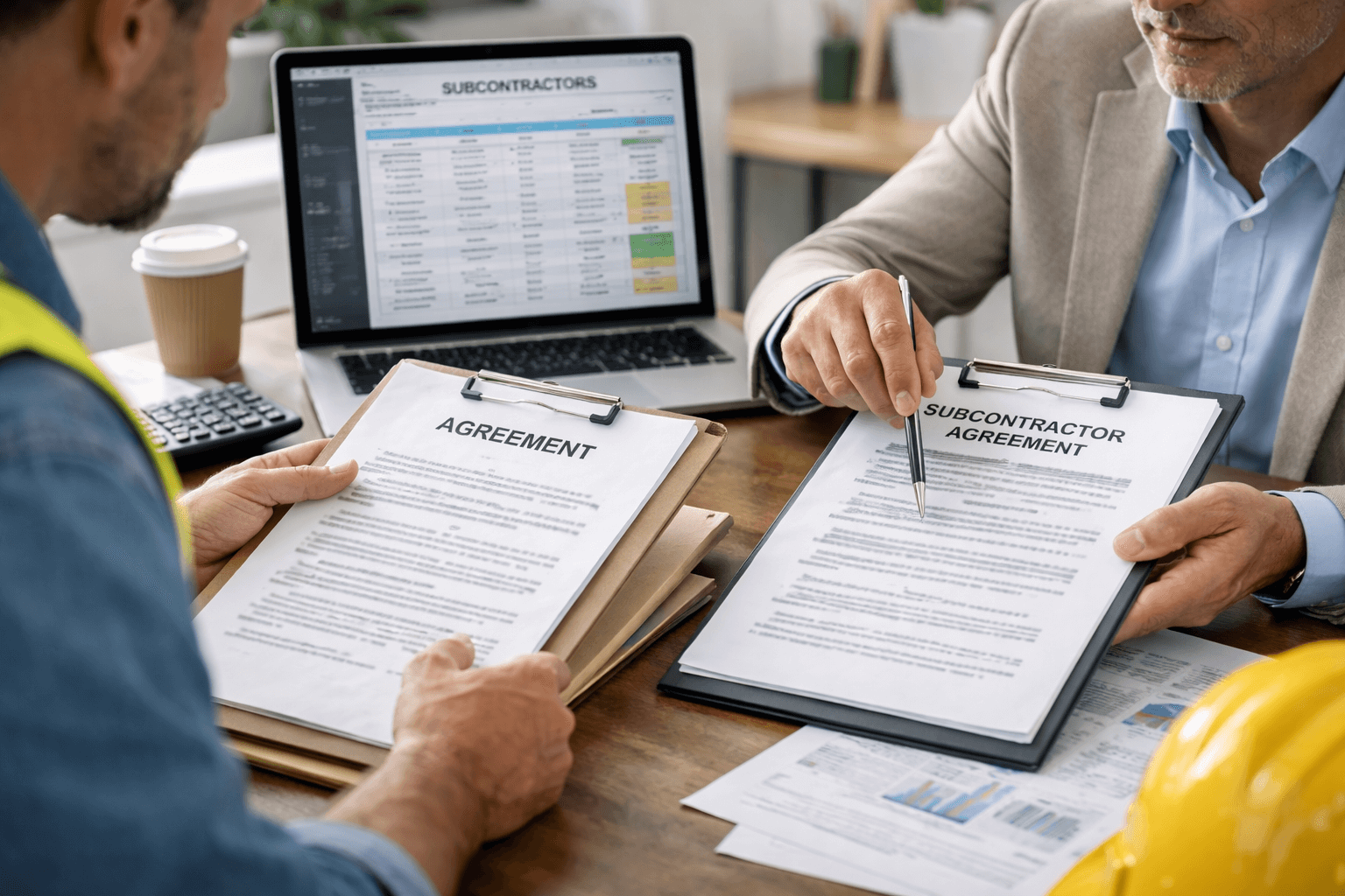 Two men review and discuss subcontractor agreements at a desk with documents, folders, a hard hat, and a laptop displaying subcontractor spreadsheets.
