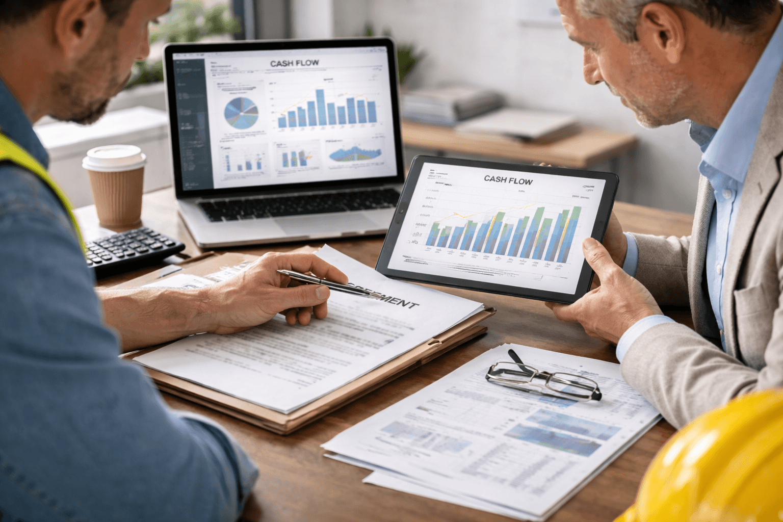 Two men review financial documents at a desk, with a laptop and tablet displaying cash flow charts and graphs.