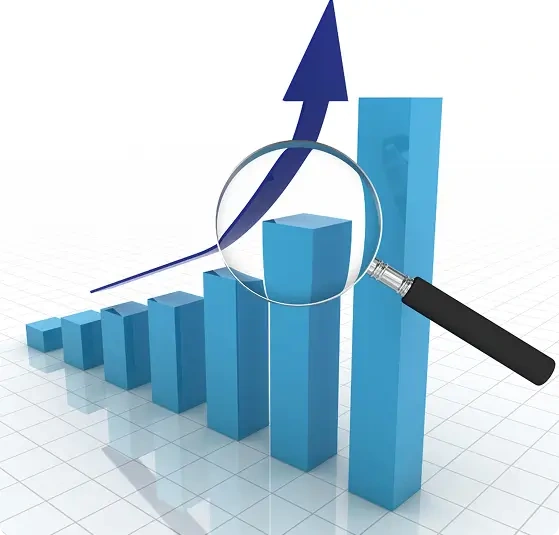 A magnifying glass focuses on a blue bar in a bar graph with an upward arrow, symbolizing growth or analysis of increasing data.