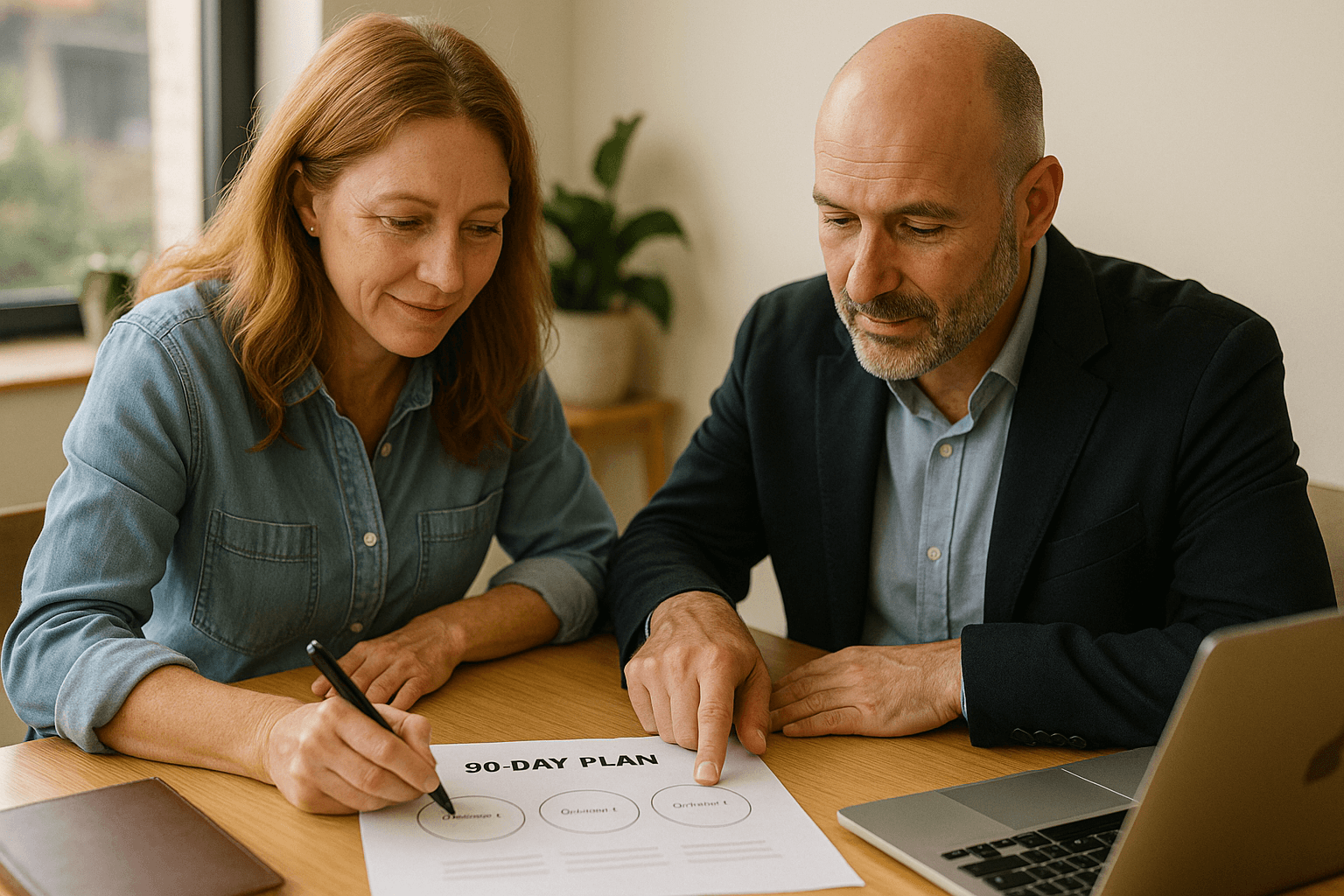 Two people sit at a table reviewing a 90-day plan document with three circles labeled "Quarter." One writes while the other points at the paper, highlighting strategies learned through business coaching for small business owners.