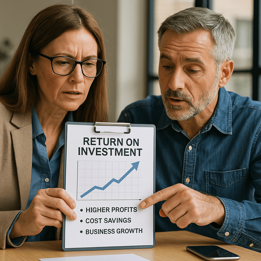 A woman and man review a clipboard showing a chart labeled "Return on Investment," highlighting benefits of business coaching for small business owners, including higher profits, cost savings, and business growth.