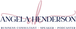 Logo with the name "Angela Henderson" in dark blue, a pink script "ah" behind it, and the words "Entrepreneur Coach Brisbane • Business Consultant • Speaker • Podcaster" below.