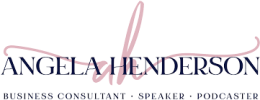 Logo for Angela Henderson with her initials in script behind her name. Text below reads: "Business Consultant · Speaker · Podcaster · Business Coach for Entrepreneurs Australia".