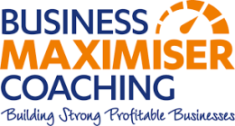 Business Maximiser Coaching logo with a speedometer graphic, and the slogan "Building Strong Profitable Businesses" below in blue script, ideal for a tradie business coach Brisbane supporting growth and success.
