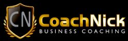 Logo for Coach Nick Business Coaching, an entrepreneur coach in Melbourne, featuring a gold and black shield with the letters "CN" and gold text reading "CoachNick Business Coaching" on a black background.