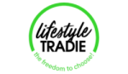 Lifestyle Tradie logo with a green semicircle above, ideal for any plumbing business coach Melbourne-based, and the slogan "the freedom to choose!" curved below in green text.
