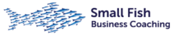 Logo showing a large fish shape made of smaller blue fish, next to the text "Small Fish Business Coaching"—ideal for those seeking a plumbing business coach in Melbourne.