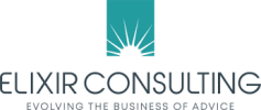 Logo for Elixir Consulting featuring a teal square with a white sunburst above the company name. Tagline reads, "Evolving the business of advice." Specializing in business coaching for accountants.
