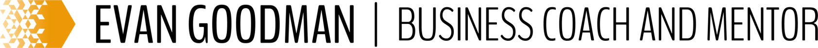 A graphic with a yellow geometric logo, the name "Evan Goodman," and the text "Entrepreneur Coach Brisbane and Mentor" in bold, black capital letters on a light background.