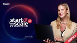 A woman in business attire holds a laptop in front of a "Start & Scale 3.0" online store course graphic, highlighting an ecommerce business coach Brisbane professionals trust, set against a dark background.