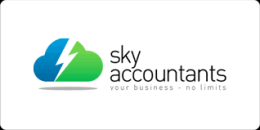 Logo for "Sky Accountants" featuring a blue and green cloud with a white lightning bolt, highlighting business coaching for accountants with the tagline "your business - no limits.