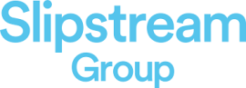 The image shows the words "Slipstream Group" in large, bold, light blue letters on a white background, representing a leading accountant business coach in Brisbane.