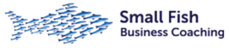 Logo for Small Fish Business Coaching, ideal for a construction business coach Sydney, features a group of small fish forming a large fish shape, with the company name in blue text on a light background.