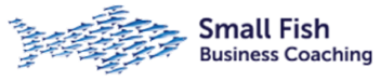 Logo for Small Fish Business Coaching, ideal for a construction business coach Sydney, features a group of small fish forming a large fish shape, with the company name in blue text on a light background.