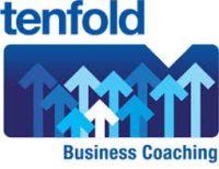 Logo for Tenfold Business Coaching, ideal for a construction business coach Melbourne, featuring multiple upward-pointing arrows in various shades of blue beneath the company name.