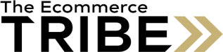 Black text reads "The Ecommerce TRIBE" with "TRIBE" in bold uppercase letters. At the end, two gold arrow shapes point right, reflecting guidance from an ecommerce business coach Melbourne.