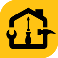 Black outline of a house on a yellow background with a wrench, screwdriver, and hammer inside, symbolizing home repair or maintenance—ideal for an electrician business coach in Melbourne.