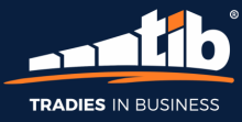 Logo for "Tradies in Business" featuring the acronym "tib" in white with an orange accent, a stylized roof design, and the tagline "TRADIES IN BUSINESS" below—ideal for a construction business coach Sydney—set on a navy background.