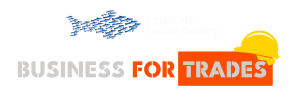 Logo with a school of fish, the text "Small Fish Business Coaching," and "Business for Trades" beside a yellow hard hat on an orange background, highlighting support from a tradie business coach.