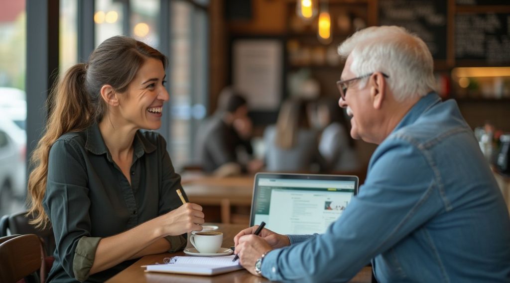 Two people sit at a table in a café, engaged in conversation. One person has a laptop open, possibly going over strategies as a small business marketing coach. Both are smiling, enjoying the casual and relaxed atmosphere.