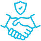 Blue outline of two hands shaking, with a shield and checkmark above them, symbolizing trust or secure agreement.